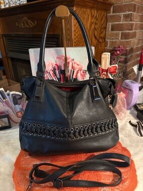 Braided Corset-Style Black Leather Red Interior Handbag Gunmetal Hardware (EUC)